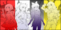 Rule 34 | 4girls, black hair, blake belladonna, blonde hair, breasts, color connection, dress, female focus, highres, iesupa, monochrome, multiple girls, multiple monochrome, navel, one eye closed, ponytail, ruby rose, rwby, scar, shorts, skirt, symbol, weiss schnee, white hair, yang xiao long