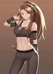 Rule 34 | 1girl, arm up, artist name, bare shoulders, breasts, brown background, brown hair, brown pants, closed mouth, contrapposto, cowboy shot, earrings, gradient background, granblue fantasy, high ponytail, highres, jewelry, katalina (granblue fantasy), lazycoffee (wyen iscordo), long hair, looking at viewer, medium breasts, navel, pants, red eyes, sidelocks, smile, solo, sportswear, stomach, very long hair