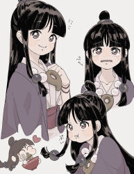 Rule 34 | 1girl, ace attorney, black hair, blunt bangs, blush, chibi, closed eyes, closed mouth, crying, crying with eyes open, eating, food, hair bun, hair ornament, highres, holding, jacket, japanese clothes, jewelry, kimono, long hair, long sleeves, looking at viewer, magatama, maya fey, multiple views, necklace, noodles, obi, omen hohoho, open mouth, parted bangs, pink sash, pout, purple jacket, ramen, sash, simple background, smile, tearing up, tears, upper body, white background