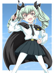 Rule 34 | 10s, 1girl, anchovy (girls und panzer), bad id, bad pixiv id, belt, blush, cape, dress shirt, drill hair, girls und panzer, green hair, hand on own hip, highres, holding, long hair, long sleeves, looking at viewer, miniskirt, nanai, necktie, open mouth, pantyhose, pleated skirt, red eyes, riding crop, shirt, skirt, solo, standing, twin drills, twintails, white pantyhose, white shirt