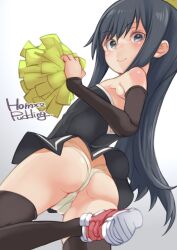 Rule 34 | 1girl, alternate costume, arm warmers, asashio (kancolle), ass, black dress, black hair, black thighhighs, breasts, dress, from behind, from below, grey eyes, highres, holding, holding pom poms, kantai collection, looking at viewer, panties, pom pom (cheerleading), pom poms, puddinghomhom, red footwear, shoes, small breasts, sneakers, solo, thighhighs, thong, underwear, white panties