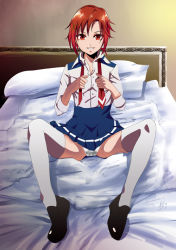 Rule 34 | 10s, 1girl, bad id, bad pixiv id, bed, bed sheet, hair ornament, hino akane (smile precure!), nof, panties, ponytail, precure, red eyes, red hair, short hair, sitting, skirt, sleeves rolled up, smile, smile precure!, solo, spread legs, thighhighs, underwear, undressing