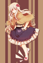 Rule 34 | 1girl, absurdres, anlylilili, blue dress, brown background, brown capelet, capelet, dress, expressionless, flower, frilled dress, frills, fringe trim, full body, hair between eyes, hair flower, hair ornament, highres, kagerou project, kozakura marry, light brown background, long hair, mekakucity actors, no hairband, no ribbon, parted lips, pink ribbon, pocket, red eyes, red flower, red rose, ribbon, rose, solo, striped, striped background, two-tone background, two-tone dress, vertical stripes, wavy hair, white dress, white footwear, white hair