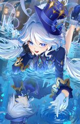 Rule 34 | 1girl, absurdres, ahoge, ascot, asymmetrical gloves, bibi (obb spl), black ascot, black gloves, blue ascot, blue brooch, blue eyes, blue gemstone, blue hair, blue hat, blue jacket, cowlick, different reflection, drop-shaped pupils, furina (genshin impact), gem, genshin impact, gloves, hair between eyes, hat, heterochromia, highres, hydro symbol (genshin impact), jacket, light blue hair, long hair, long sleeves, looking at viewer, medium hair, mismatched gloves, mismatched pupils, multicolored hair, multiple girls, on water, open mouth, reflection, second-party source, short hair, smile, solo, symbol-shaped pupils, top hat, white gloves, white trim bow