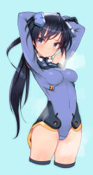 Rule 34 | 1girl, arms up, bare shoulders, black hair, blue eyes, blue gloves, blue leotard, blush, breasts, clothing cutout, covered navel, gloves, high ponytail, ichijou eika, leotard, long hair, looking at viewer, motion slit, pilot suit, ponytail, shimada fumikane, shiny skin, shoulder cutout, simple background, skin tight, sky girls, solo, standing, steaming body, very long hair