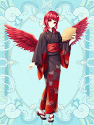 Rule 34 | 1girl, animal print, black kimono, blue background, blunt bangs, butterfly print, feathered wings, flower, folding fan, full body, hair flower, hair ornament, hand fan, holding, holding fan, japanese clothes, kerberos blade, kimono, looking at viewer, medium hair, obi, red eyes, red wings, rubeus armando, sandals, sash, simple background, solo, standing, todo (kb), wings