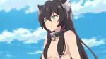 Rule 34 | 10s, 1girl, animal ears, animated, anime screenshot, black hair, breasts, cat ears, cat girl, cloud, collar, convenient censoring, green eyes, hair censor, hair over breasts, hands on own stomach, hands on stomach, isekai maou to shoukan shoujo no dorei majutsu, kaneko shizue, long hair, metal collar, navel, nude, out-of-frame censoring, outdoors, parted lips, petite, rem galleu, screencap, sky, small breasts, solo, standing, tail, video