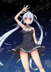 Rule 34 | 1girl, arm up, bare arms, barefoot, black dress, black ribbon, blush, breasts, cleavage, cloud, commentary request, dress, hair between eyes, hair rings, long hair, matoi (pso2), medium breasts, milkpanda, night, night sky, outdoors, parted lips, phantasy star, phantasy star online 2, red eyes, ribbon, sidelocks, silver hair, sky, sleeveless, sleeveless dress, solo, standing, star (sky), starry sky, teeth, twintails, upper teeth only, very long hair