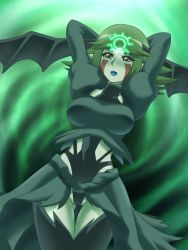 Rule 34 | 1girl, arms up, awa, bat wings, blush, breasts, dress, duel monster, facial mark, fortune ladies, fortune lady, fortune lady wind, green eyes, green hair, pointy ears, short hair, wings, yu-gi-oh!, yuu-gi-ou, yu-gi-oh! duel monsters