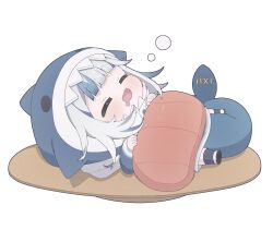 Rule 34 | 1girl, black socks, blue hair, blue hoodie, chibi, closed eyes, commentary, drooling, fins, fish tail, food, full body, gawr gura, grey hair, highres, hocmiya, hololive, hololive english, hood, hood up, hoodie, lying, mouth drool, multicolored hair, on back, open mouth, shark tail, shoe soles, simple background, socks, solo, streaked hair, sushi, tail, virtual youtuber, white background, white footwear