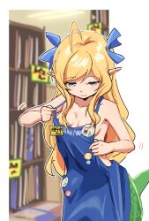 Rule 34 | 1girl, absurdres, ahoge, apron, blonde hair, blue apron, bow, breasts, hair bow, highres, indoors, jashin-chan, jashin-chan dropkick, lamia, long hair, looking down, monster girl, naked apron, pointy ears, rokochandayo, small breasts, solo, upper body