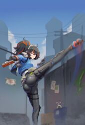 Rule 34 | 1girl, ahoge, ass, bangboo (zenless zone zero), belt, belt pouch, black belt, black gloves, black hair, black pants, blue jacket, blue sky, blurry, blurry background, building, chain-link fence, city, closed mouth, cloud, commentary, day, fence, gloves, gun, hair between eyes, handgun, haonfest, high kick, highres, holding, holding gun, holding weapon, jacket, kicking, long hair, long sleeves, looking at viewer, metal hairband, motion blur, multicolored hair, orange eyes, orange hair, outdoors, pants, police, police uniform, policewoman, ponytail, pouch, power lines, skin tight, sky, skyscraper, solo, standing, standing on one leg, streaked hair, symbol-only commentary, thigh strap, trash can, trigger discipline, uniform, utility pole, weapon, zenless zone zero, zhu yuan