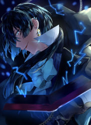 Rule 34 | 1boy, :d, black gloves, black hair, black jacket, blue bow, blue bowtie, blue eyes, blunt ends, blurry, book, bow, bowtie, chain, constellation, depth of field, ear piercing, earrings, from side, gloves, hair between eyes, hair over shoulder, highres, hourglass, jacket, jewelry, long hair, looking at viewer, low ponytail, male focus, open book, open mouth, piercing, popped collar, profile, shirt, sideways glance, smile, solo, teeth, upper body, upper teeth only, vanitas (vanitas no carte), vanitas no carte, white shirt, yonagi