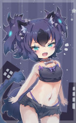 Rule 34 | 1girl, animal ears, bandeau, black hair, blue eyes, blush, breasts, cerberus (kemono friends), collar, dog ears, dog girl, fangs, highres, kemono friends, kolshica, looking at viewer, multicolored hair, navel, open mouth, purple hair, short shorts, shorts, small breasts, smile, solo, teeth, upper teeth only