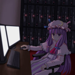 Rule 34 | 1girl, bad id, bad pixiv id, bespectacled, chair, computer, dark, female focus, glasses, hat, highres, indoors, keyboard (computer), long hair, patchouli knowledge, purple eyes, purple hair, ribbon, server, sitting, smile, solo, touhou