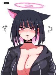 Rule 34 | 1girl, ?, alternate breast size, animal ears, black choker, black hair, black jacket, blue archive, blush, breasts, choker, cleavage, collarbone, fang, formicid, hair between eyes, hair ornament, hairclip, halo, heart, heart-shaped pupils, huge breasts, jacket, jaggy lines, kazusa (blue archive), looking at viewer, open clothes, open jacket, parted lips, pink hair, red eyes, short hair, simple background, solo, sweat, symbol-shaped pupils, upper body, white background