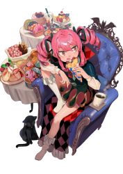 Rule 34 | 1girl, :q, absurdres, animal, black cat, blouse, bow, bowtie, bubble tea, cake, candy, cat, chair, coffee, cookie, crepe, cup, doughnut, dress, drill hair, eating, fingernails, food, frilled legwear, frills, fruit, hair between eyes, hair ribbon, highres, holding, holding food, ice cream, ka 4maki, kneeling, mug, original, pancake, plate, pudding, red eyes, red neckwear, ribbon, sharp fingernails, shirt, short dress, sidelocks, simple background, sitting, souffle pancake, steam, sweets, table, tongue, tongue out, twin drills, twintails, white background, white legwear, white shirt