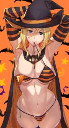 Rule 34 | 1girl, armpits, arms up, ashiomi masato, bat (animal), bikini, blonde hair, blue eyes, breasts, cape, collarbone, detached sleeves, guilty gear, guilty gear xrd, hair between eyes, halloween, hat, large breasts, long hair, millia rage, mouth hold, orange background, striped bikini, striped clothes, striped sleeves, swimsuit, witch hat