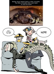Rule 34 | 5girls, ^ ^, apron, bird, child, closed eyes, commentary, couch, crocodilian tail, duck, english commentary, english text, feathers, green hair, grey hair, hat, highres, jacket, kemono friends, kukuruyo, lying, meme, mother and daughter, multicolored hair, multiple girls, on stomach, open mouth, pants, pink apron, saltwater crocodile (kemono friends), short sleeves, sleeping, smile, speech bubble, spot-billed duck (kemono friends), tail, torn clothes, torn pants