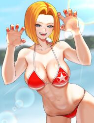 Rule 34 | 1girl, beach, bikini, blonde hair, blue eyes, blue mary, breasts, claw pose, cleavage, fatal fury, highres, large breasts, leaning forward, legs, looking at viewer, nail polish, navel, ocean, open mouth, short hair, smile, snk, solo, swimsuit, the king of fighters, thighs, toned, water, yukimune
