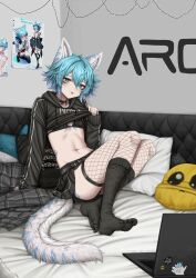 Rule 34 | 1boy, :p, absurdres, animal ears, archon eclipse, bikini, bikini top only, black bikini, black choker, black skirt, black socks, blue eyes, blue hair, body markings, choker, christmas lights, christmas ornaments, clothes lift, computer, emoji, fishnet thighhighs, fishnets, highres, ikea shark, indie virtual youtuber, laptop, leopard boy, leopard ears, leopard tail, lifting own clothes, lobsteranian, long sleeves, looking at viewer, male focus, marking on cheek, navel, pillow, pleading face emoji, poster (object), shirt lift, short hair, sitting, skirt, snow leopard, socks, spotted tail, stuffed animal, stuffed shark, stuffed toy, swimsuit, tail, thighhighs, tongue, tongue out, trap, virtual youtuber