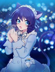 Rule 34 | 1girl, animal ears, black hair, blue background, blue coat, blue eyes, blush, cat ears, cat girl, cat tail, cellphone, coat, coat dress, cyan (show by rock!!), hairband, highres, lolita hairband, long sleeves, looking at viewer, mel6969, open mouth, phone, short hair, show by rock!!, smile, solo, tail, wavy hair