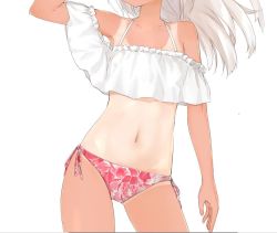 Rule 34 | 10s, 1girl, arm up, armpit peek, bare shoulders, bikini, contrapposto, cowboy shot, crop top, floral print, gluteal fold, halterneck, head out of frame, kantai collection, long hair, mismatched bikini, navel, off-shoulder shirt, off shoulder, one-piece tan, pink bikini, print bikini, ro-500 (kancolle), shirt, side-tie bikini bottom, simple background, solo, standing, suke (momijigari), swimsuit, tan, tanline, white background, white hair