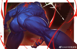 Rule 34 | 1boy, artist request, ass, ass focus, bara, blue bodysuit, bodysuit, bulge, facing away, feet out of frame, fighting stance, fingernails, foreshortening, from behind, highres, leaning forward, male focus, marvel, muscular, muscular male, perspective, red bodysuit, sharp fingernails, solo, spider-man: across the spider-verse, spider-man (2099), spider-man (series), spider-verse, superhero costume, thick thighs, thighs