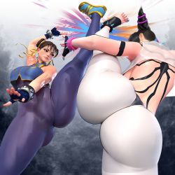 Rule 34 | 2girls, alternate costume, ass, ass focus, black gloves, blue gloves, blue nails, bracelet, breasts, cameltoe, capcom, chun-li, curvy, double bun, drill hair, explosion, fighting, fingerless gloves, gloves, gluteal fold, hair bun, han juri, huge ass, jewelry, large breasts, leg up, legs up, multicolored hair, multiple girls, nail polish, official alternate costume, pants, pink eyes, pink hair, popogori, rivalry, rivals, shoes, sneakers, spiked anklet, spiked bracelet, spikes, streaked hair, street fighter, street fighter 6, street fighter zero (series), thick thighs, thighs, toeless footwear, toes, twin drills, underboob, white pants