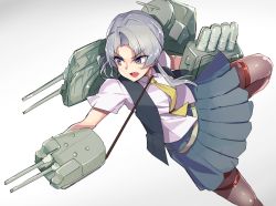 Rule 34 | 1girl, adapted turret, amorphous, asymmetrical hair, black vest, blouse, brown pantyhose, cannon, flipped hair, gloves, gradient background, grey eyes, grey skirt, highres, kantai collection, loafers, machinery, necktie, nowaki (kancolle), open mouth, pantyhose, pleated skirt, shirt, shoes, silver hair, skirt, solo, swept bangs, turret, vest, white background, white gloves, yellow necktie