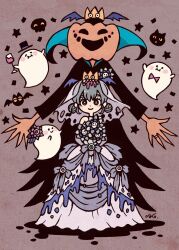 Rule 34 | 1girl, 1other, blue eyes, bouquet, bridal veil, bride, brown background, crown, cup, dress, drinking glass, dripping, eyeball, flower, garouma, ghost, grey hair, halloween, hat, highres, holding, holding bouquet, jewelry, original, pink eyes, ring, star (symbol), strapless, strapless dress, top hat, veil, wedding dress, white dress, wine glass