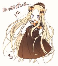 Rule 34 | 1girl, :o, ^^^, abigail williams (fate), animal ear fluff, animal ears, black bow, black hat, blonde hair, blue eyes, blush, bow, brown dress, cat ears, cat girl, cat tail, dress, fang, fate/grand order, fate (series), forehead, full body, grey background, hair bow, hand up, hat, highres, kemonomimi mode, long hair, looking at viewer, open mouth, orange bow, parted bangs, signature, simple background, sleeveless, sleeveless dress, sofra, solo, tail, tail raised, translation request, very long hair