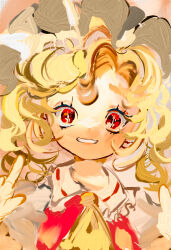 Rule 34 | 1girl, ascot, blonde hair, blush, bright pupils, close-up, collared shirt, curly hair, eyelashes, fangs, flandre scarlet, frilled shirt collar, frills, grin, hands up, hat, highres, inkopico, looking at viewer, mob cap, painting (medium), parted bangs, portrait, puffy short sleeves, puffy sleeves, red eyes, red vest, ribbon trim, shirt, short hair, short sleeves, slit pupils, smile, solo, straight-on, teeth, touhou, traditional media, vest, white hat, white pupils, white shirt, wing collar, yellow ascot