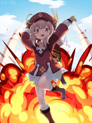 Rule 34 | 1girl, absurdres, adjusting clothes, adjusting headwear, ahoge, arm up, backpack, bag, bag charm, bloomers, boots, brown eyes, brown hair, cabbie hat, charm (object), clover print, coat, commentary request, dodoco (genshin impact), explosion, genshin impact, hair between eyes, hanami e, hat, hat feather, hat ornament, highres, klee (genshin impact), knee boots, kneehighs, long hair, long sleeves, looking at viewer, low twintails, pocket, pointy ears, randoseru, scarf, sidelocks, socks, solo, standing, standing on one leg, twintails, underwear