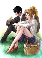 Rule 34 | 1boy, 1girl, arm rest, bare legs, black footwear, black jacket, black necktie, black pants, bottle, breasts, brown eyes, character request, check character, closed mouth, coat, collared shirt, day, dirge of cerberus final fantasy vii, dress, eyelashes, final fantasy, final fantasy vii, food, formal, frilled dress, frills, full body, grass, hair between eyes, hair intakes, high heels, highres, holding, igusaharu, jacket, knee up, knees up, lab coat, legs, light smile, long hair, long legs, looking at viewer, lucrecia crescent, medium breasts, necktie, outdoors, pants, picnic basket, ponytail, purple dress, red footwear, sandwich, shirt, sidelocks, sitting, suit, vincent valentine, white coat, white shirt, wine bottle