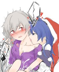 Rule 34 | 2girls, black eyes, blue hair, blush, breasts, cleavage, collarbone, doremy sweet, feathered wings, fingering, grey hair, grey wings, hat, heart, highres, idaku, kishin sagume, licking, licking another&#039;s neck, long hair, looking at another, multiple girls, nightcap, off shoulder, pom pom (cheerleading), red eyes, red hat, saliva, single wing, tearing up, tongue, tongue out, touhou, white background, wings, yuri