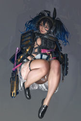 Rule 34 | 1girl, absurdres, ass, blue eyes, blue hair, blush, breasts, convenient leg, fingerless gloves, full body, glock, gloves, gradient hair, grey background, gun, hair between eyes, handgun, headphones, highres, holding, holding gun, holding weapon, light smile, looking to the side, medium breasts, multicolored hair, original, parted lips, realistic, rifle, see-through, see-through skirt, sideboob, simple background, skirt, solo, thigh strap, twintails, vergilhoo, weapon, zoom layer