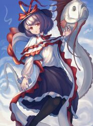 Rule 34 | 1girl, ascot, black footwear, black hat, black skirt, blue sky, bow, capelet, cloud, commentary, fish, full body, hat, hat bow, highres, long sleeves, looking at viewer, nagae iku, oarfish, open mouth, outdoors, purple hair, pygrenix, red ascot, red bow, red eyes, shirt, short hair, skirt, sky, solo, touhou, white capelet, white shirt