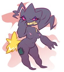 Rule 34 | 1girl, banette, black eyes, blush, breasts, colored sclera, creatures (company), female focus, furry, furry female, game freak, gen 3 pokemon, ghost, glacier clear, half-closed eyes, hand to own mouth, hand up, highres, large breasts, legs apart, looking to the side, navel, nintendo, nipples, nude, pink sclera, pokemon, pokemon (creature), pokemon rse, pussy, simple background, solo, standing, stitches, tail, uncensored, white background, zipper
