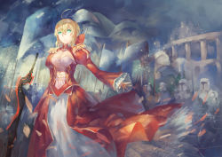 Rule 34 | 10s, 1girl, aestus estus, ahoge, azomo, blonde hair, breasts, cleavage, colosseum, cowboy shot, dress, epaulettes, fate/extra, fate (series), green eyes, hair ribbon, highres, nero claudius (fate), nero claudius (fate), nero claudius (fate/extra), outstretched arm, planted, planted sword, planted weapon, red dress, ribbon, solo focus, sword, weapon, wind