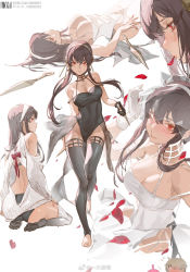 Rule 34 | 1boy, 2girls, anya (spy x family), ass, bare arms, bare shoulders, barefoot, black gloves, black hair, black thighhighs, blonde hair, breasts, dm (dai miao), dress, eyebrows hidden by hair, gloves, hair between eyes, hairband, highres, holding, holding weapon, kneeling, kunai, large breasts, long hair, looking at viewer, lying, multiple girls, off-shoulder dress, off shoulder, pink hair, red eyes, ribbon, seiza, short hair, sitting, sleeveless, spy x family, thighhighs, twilight (spy x family), twintails, underwear, walking, weapon, white gloves, yor briar