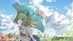 Rule 34 | 1girl, ahoge, blue eyes, blue skirt, blue sky, blue umbrella, breasts, closed mouth, cloud, cloudy sky, collared shirt, commentary, day, dragon girl, dragon horns, dragon tail, dragon wings, dress shirt, english commentary, fence, field, flower, green hair, hair between eyes, highres, holding, holding umbrella, horizon, horns, kobutanori, looking at viewer, mini wings, neck ribbon, orange wings, original, outdoors, pink flower, pleated skirt, red ribbon, ribbon, shirt, short sleeves, skirt, sky, small breasts, smile, solo, tail, umbrella, white flower, wings