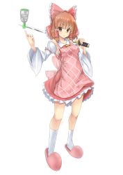 Rule 34 | 1girl, apron, blunt bangs, blush, bow, breasts, brown eyes, brown hair, closed mouth, commentary request, cookie (touhou), detached sleeves, expressionless, frilled hair tubes, frilled skirt, frills, full body, grater, hair bow, hair tubes, hakurei reimu, highres, holding, holding sword, holding weapon, hyper muteki (ningen no kuzu), katana, looking at viewer, medium breasts, medium hair, over shoulder, pink apron, pink bow, pink footwear, ponytail, red shirt, red skirt, rurima (cookie), shirt, simple background, skirt, sleeveless, sleeveless shirt, slippers, socks, solo, standing, sword, sword over shoulder, touhou, transparent background, weapon, weapon over shoulder, white sleeves, white socks