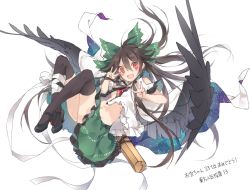 Rule 34 | 1girl, :d, bird wings, black hair, black thighhighs, black wings, blush, bow, cape, floating hair, full body, green bow, green skirt, hair between eyes, hair bow, highres, long hair, looking at viewer, mary janes, open clothes, open mouth, open shirt, red eyes, reiuji utsuho, shirt, shoes, short sleeves, sidelocks, skirt, smile, solo, thighhighs, third eye, torn clothes, torn shirt, touhou, toutenkou, translation request, white shirt, wings