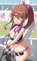 Rule 34 | 1girl, absurdres, ass, blurry, blurry background, blurry foreground, breasts, brown hair, clothes writing, collarbone, commentary request, confetti, cropped vest, day, dot nose, earrings, flag, from side, gradient hair, hair between eyes, highleg, highleg panties, highres, holding, hoop earrings, idolmaster, idolmaster shiny colors, jewelry, long hair, looking at viewer, looking back, medium breasts, multicolored hair, open mouth, osaki tenka, outdoors, panties, ponytail, purple hair, race queen, raised eyebrow, revealing clothes, skindentation, solo, standing, thighhighs, thighs, thong, twisted torso, underwear, very long hair, vest, wanimaru, wavy mouth, yellow eyes