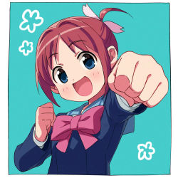 Rule 34 | 1girl, :d, ahoge, amamiya manami, asada hachi, blue eyes, blue shirt, blush, bow, bowtie, brown hair, clenched hand, commentary request, fist bump, gakuen utopia manabi straight!, green background, hair ribbon, happy, long sleeves, looking at viewer, massugu go, open mouth, pink bow, pink ribbon, ribbon, sailor collar, school uniform, seiou gakuen school uniform, serafuku, shirt, short hair, simple background, smile, solo, upper body