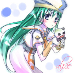 Rule 34 | 00s, 1girl, :o, alice carroll, animal, aria (manga), beret, blush, capelet, cat, character name, collar, dress, elbow gloves, gloves, green hair, hat, holding, holding animal, holding cat, leaning forward, long hair, looking at viewer, parted lips, president maa, sho (runatic moon), simple background, solo, uniform, white background, white dress, white gloves