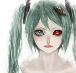 Rule 34 | 1girl, absurdres, aqua eyes, aqua hair, blue eyes, bug, calne ca, character name, closed mouth, cockroach, cosplay, hatsune miku, hatsune miku (cosplay), heterochromia, highres, insect, lips, long hair, looking at viewer, nato-kun, red eyes, simple background, smile, solo, ts19fi, upper body, very long hair, vocaloid, white background