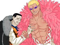 Rule 34 | 2boys, abs, ascot, bara, bare pectorals, black hair, blonde hair, coat, crocodile (one piece), dark-skinned male, dark skin, disgust, donquixote doflamingo, earrings, fur coat, furrowed brow, grabbing, grin, guided pectoral grab, hair slicked back, height difference, jewelry, large pectorals, looking at viewer, male focus, mature male, medium hair, meme, mg cls, multiple boys, multiple rings, muscular, muscular male, navel, nipples, one piece, open clothes, open shirt, pectoral grab, pectoral grab (meme), pectorals, purple-tinted eyewear, ring, scar, scar on face, scar on nose, sideburns, smile, stitches, stomach, sunglasses, tinted eyewear, topless male, upper body, white-framed eyewear, wrinkled skin, yellow eyes