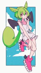 Rule 34 | 1girl, 3774., :3, black wings, blue background, border, closed mouth, cloud, collarbone, commentary, dress, fang, foot up, frilled dress, frills, full body, green hair, hand up, highres, index finger raised, long hair, looking at viewer, low ponytail, no pupils, outside border, pea pod, shoes, short dress, signature, skin fang, sleeveless, sleeveless dress, smile, sneakers, solo, sparkle, very long hair, voicevox, white border, white dress, wings, yellow eyes, zundamon